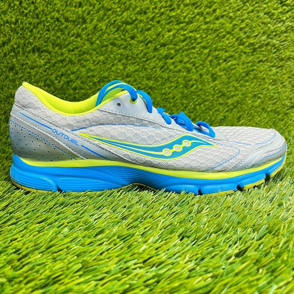 Saucony Outduel Womens Size 9.5 Gray Blue Yellow Walking Running Shoes Sneakers